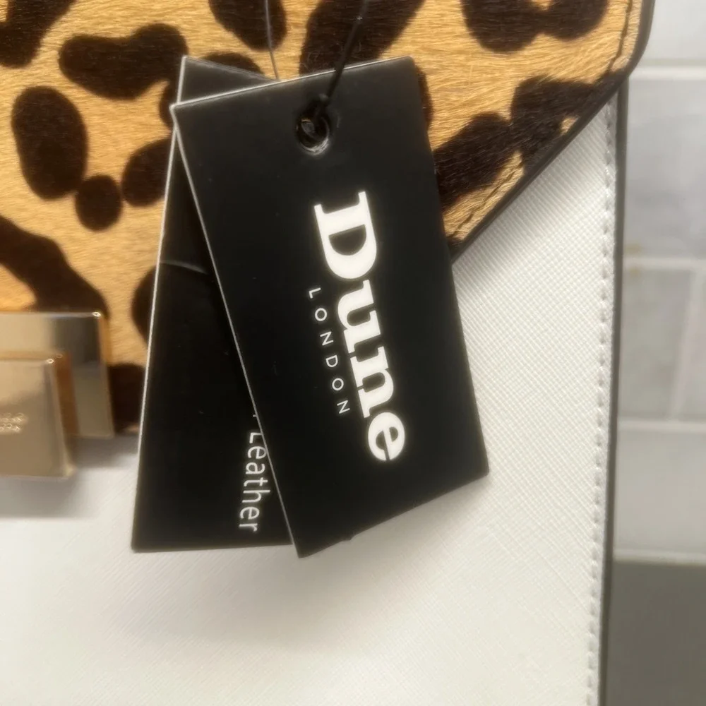 NEW-DUNE-White Leopard Women's Dune Genuine Calf Hair Leather Purse Handbag